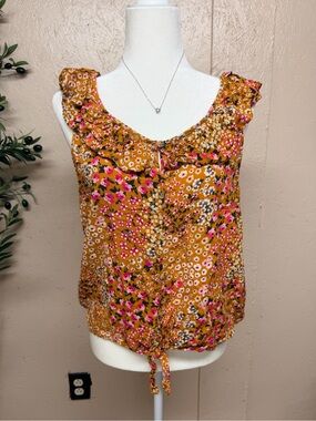Mustard Floral Ruffle Tie-Hem Sleeveless Top